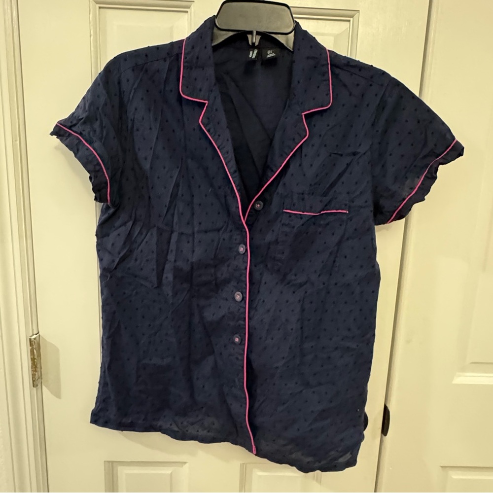 Cynthia Rowley Navy Sleep Shirt - Size L - Pink Piping‎